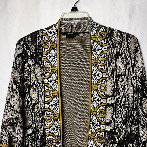 Vertigo | Black Gold Wool Blend Longline Open Cardigan Duster Sweater, Large - Picture 4 of 8